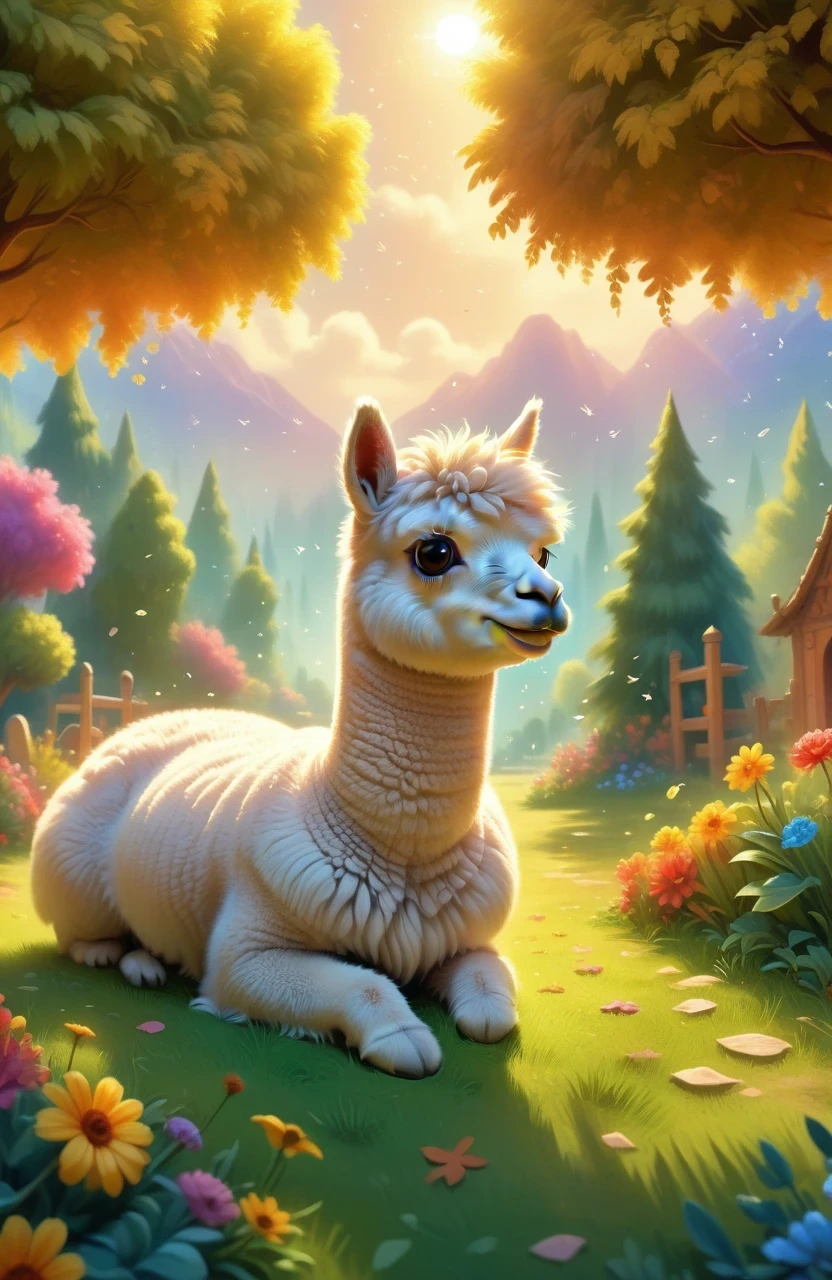 a girl with a playful smile, a cute and fluffy alpaca in a beautiful garden, soft sunlight streaming through the trees, vibrant flowers blooming in full color, lush green grass stretching endlessly, a gentle breeze rustling the leaves, the alpaca's warm and expressive eyes, the girl gently brushing the alpaca's soft fur, capturing the innocence and joy of their companionship, a whimsical touch of surrealism in the background, creating a dreamlike atmosphere, the artwork rendered in a mesmerizing mixture of illustrations and photorealistic painting techniques, showcasing the alpaca's intricate details, every strand of fur and every leaf rendered with utmost precision, vibrant colors that come to life, bringing the scene to a vivid reality, the composition bathed in warm and golden tones, creating a cozy and inviting atmosphere, the lighting casting beautiful shadows and highlights, adding depth and dimension to the artwork. (best quality,4k,8k,highres,masterpiece:1.2),ultra-detailed, (realistic,photorealistic,photo-realistic:1.37), HDR, UHD, studio lighting, ultra-fine painting, sharp focus, physically-based rendering, extreme detail description, professional, vivid colors, bokeh, portraits, landscape, fantasy, dream-like, warmth and coziness, golden tones, whimsical surrealism.