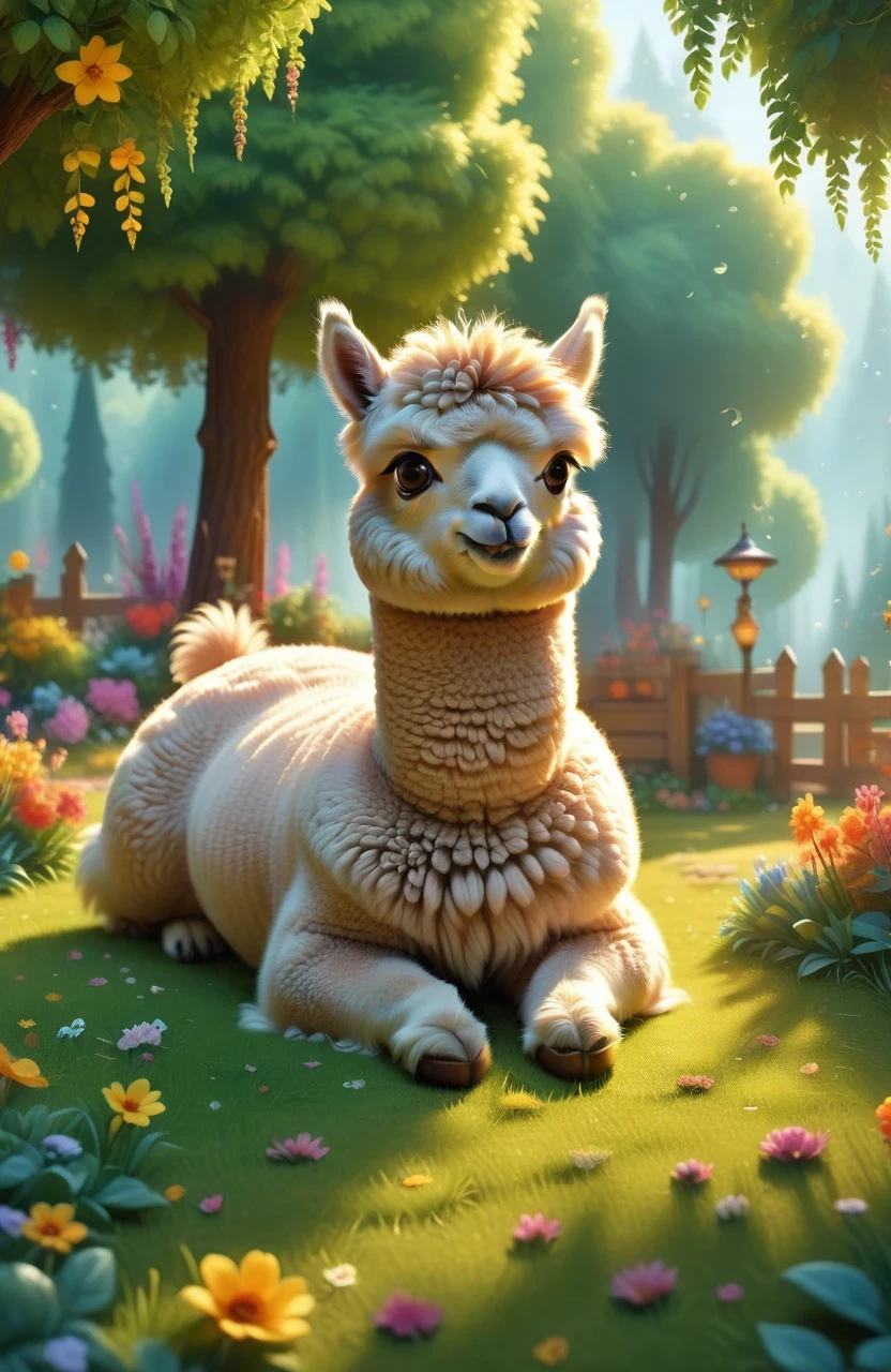 a girl with a playful smile, a cute and fluffy alpaca in a beautiful garden, soft sunlight streaming through the trees, vibrant flowers blooming in full color, lush green grass stretching endlessly, a gentle breeze rustling the leaves, the alpaca's warm and expressive eyes, the girl gently brushing the alpaca's soft fur, capturing the innocence and joy of their companionship, a whimsical touch of surrealism in the background, creating a dreamlike atmosphere, the artwork rendered in a mesmerizing mixture of illustrations and photorealistic painting techniques, showcasing the alpaca's intricate details, every strand of fur and every leaf rendered with utmost precision, vibrant colors that come to life, bringing the scene to a vivid reality, the composition bathed in warm and golden tones, creating a cozy and inviting atmosphere, the lighting casting beautiful shadows and highlights, adding depth and dimension to the artwork. (best quality,4k,8k,highres,masterpiece:1.2),ultra-detailed, (realistic,photorealistic,photo-realistic:1.37), HDR, UHD, studio lighting, ultra-fine painting, sharp focus, physically-based rendering, extreme detail description, professional, vivid colors, bokeh, portraits, landscape, fantasy, dream-like, warmth and coziness, golden tones, whimsical surrealism.