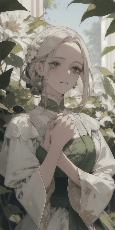 (obra de arte, melhor qualidade),1 garota com longos cabelos brancos sentada em um campo de plantas e flores verdes, the hand under his chin, warm lighting, vestido branco, primeiro plano desfocado