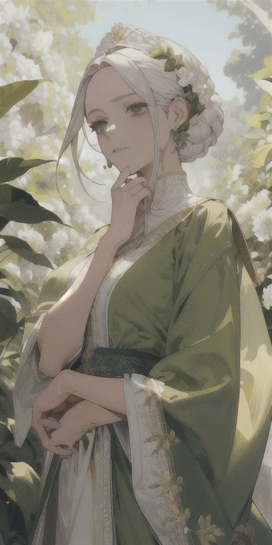(obra de arte, melhor qualidade),1 garota com longos cabelos brancos sentada em um campo de plantas e flores verdes, the hand under his chin, warm lighting, vestido branco, primeiro plano desfocado