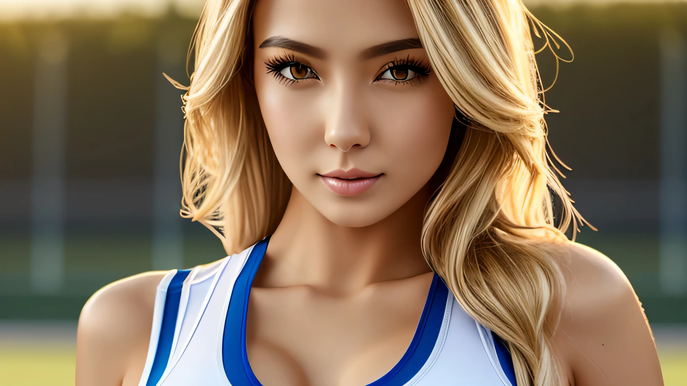 Blonde Hair、Beauty、Sports Bra、Depicted above the waist、Detailed facial expression depiction、big breasts、