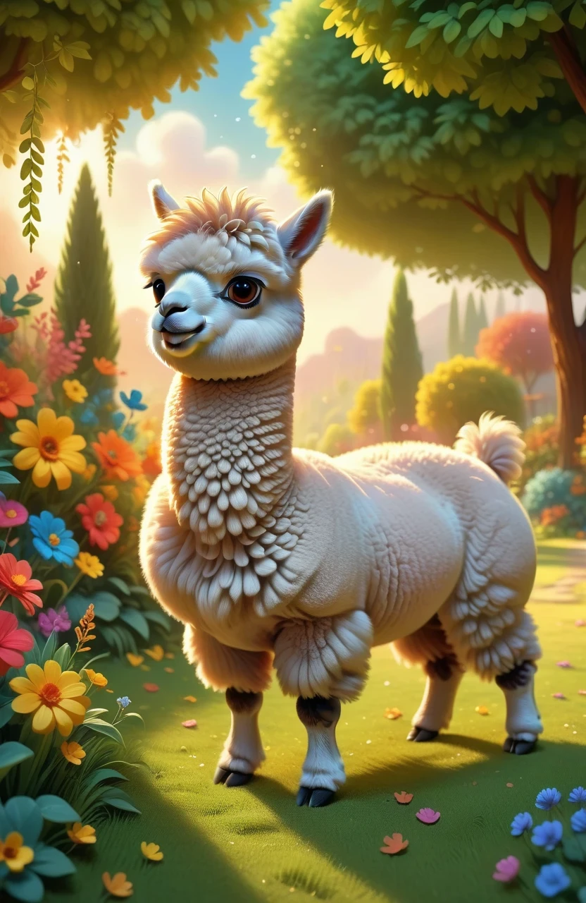 a girl with a playful smile, a cute and fluffy alpaca in a beautiful garden, soft sunlight streaming through the trees, vibrant flowers blooming in full color, lush green grass stretching endlessly, a gentle breeze rustling the leaves, the alpaca's warm and expressive eyes, the girl gently brushing the alpaca's soft fur, capturing the innocence and joy of their companionship, a whimsical touch of surrealism in the background, creating a dreamlike atmosphere, the artwork rendered in a mesmerizing mixture of illustrations and photorealistic painting techniques, showcasing the alpaca's intricate details, every strand of fur and every leaf rendered with utmost precision, vibrant colors that come to life, bringing the scene to a vivid reality, the composition bathed in warm and golden tones, creating a cozy and inviting atmosphere, the lighting casting beautiful shadows and highlights, adding depth and dimension to the artwork. (best quality,4k,8k,highres,masterpiece:1.2),ultra-detailed, (realistic,photorealistic,photo-realistic:1.37), HDR, UHD, studio lighting, ultra-fine painting, sharp focus, physically-based rendering, extreme detail description, professional, vivid colors, bokeh, portraits, landscape, fantasy, dream-like, warmth and coziness, golden tones, whimsical surrealism.