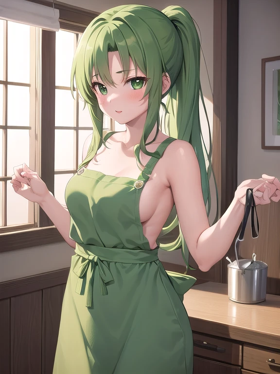 masterpiece, highest quality, Super detailed, 1 Girl, Mion Sonozaki, Green Hair, Green Eyes, ponytail, surprise:1.3、blush、Normal chest、Naked Apron
