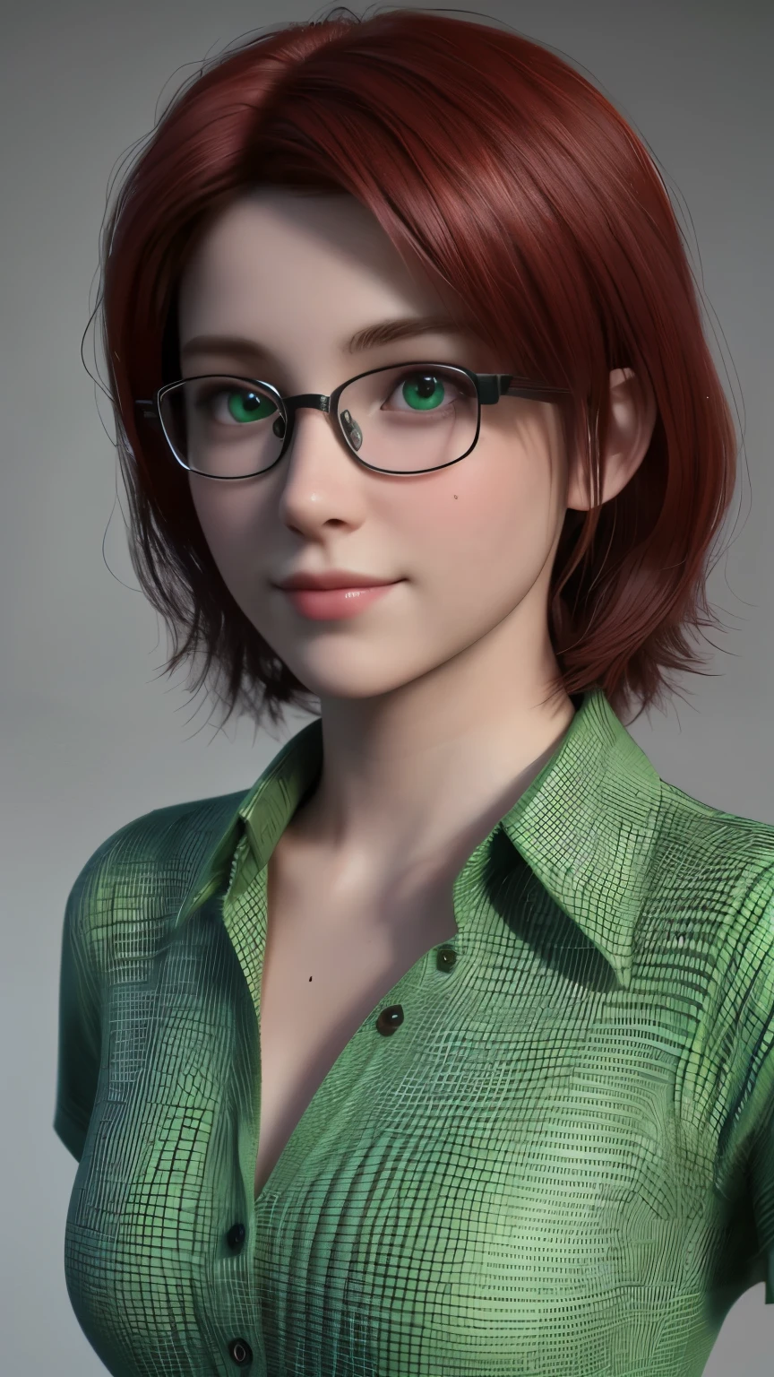 short, Red hair, green eyes, metal frame glasses, smile of a cute  girl in a green button up shirt dress, bare chest.. ((elegance. photorealism. Unreal engine. 3d model. Ultra high quality textures. High detail. 8k resolution))