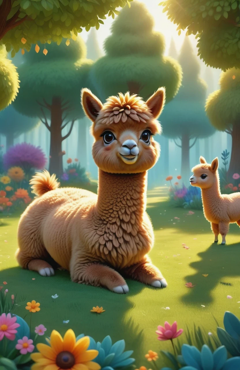 a girl with a playful smile, a cute and fluffy alpaca in a beautiful garden, soft sunlight streaming through the trees, vibrant flowers blooming in full color, lush green grass stretching endlessly, a gentle breeze rustling the leaves, the alpaca's warm and expressive eyes, the girl gently brushing the alpaca's soft fur, capturing the innocence and joy of their companionship, a whimsical touch of surrealism in the background, creating a dreamlike atmosphere, the artwork rendered in a mesmerizing mixture of illustrations and photorealistic painting techniques, showcasing the alpaca's intricate details, every strand of fur and every leaf rendered with utmost precision, vibrant colors that come to life, bringing the scene to a vivid reality, the composition bathed in warm and golden tones, creating a cozy and inviting atmosphere, the lighting casting beautiful shadows and highlights, adding depth and dimension to the artwork. (best quality,4k,8k,highres,masterpiece:1.2),ultra-detailed, (realistic,photorealistic,photo-realistic:1.37), HDR, UHD, studio lighting, ultra-fine painting, sharp focus, physically-based rendering, extreme detail description, professional, vivid colors, bokeh, portraits, landscape, fantasy, dream-like, warmth and coziness, golden tones, whimsical surrealism.