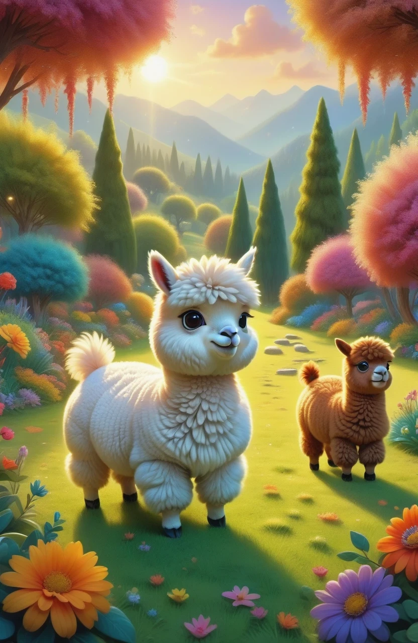 a girl with a playful smile, a cute and fluffy alpaca in a beautiful garden, soft sunlight streaming through the trees, vibrant flowers blooming in full color, lush green grass stretching endlessly, a gentle breeze rustling the leaves, the alpaca's warm and expressive eyes, the girl gently brushing the alpaca's soft fur, capturing the innocence and joy of their companionship, a whimsical touch of surrealism in the background, creating a dreamlike atmosphere, the artwork rendered in a mesmerizing mixture of illustrations and photorealistic painting techniques, showcasing the alpaca's intricate details, every strand of fur and every leaf rendered with utmost precision, vibrant colors that come to life, bringing the scene to a vivid reality, the composition bathed in warm and golden tones, creating a cozy and inviting atmosphere, the lighting casting beautiful shadows and highlights, adding depth and dimension to the artwork. (best quality,4k,8k,highres,masterpiece:1.2),ultra-detailed, (realistic,photorealistic,photo-realistic:1.37), HDR, UHD, studio lighting, ultra-fine painting, sharp focus, physically-based rendering, extreme detail description, professional, vivid colors, bokeh, portraits, landscape, fantasy, dream-like, warmth and coziness, golden tones, whimsical surrealism.