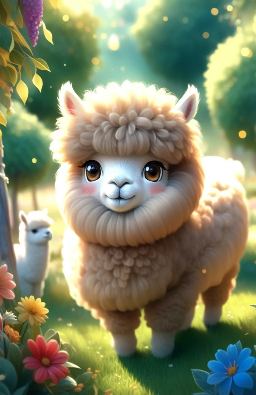 a girl with a playful smile, a cute and fluffy alpaca in a beautiful garden, soft sunlight streaming through the trees, vibrant flowers blooming in full color, lush green grass stretching endlessly, a gentle breeze rustling the leaves, the alpaca's warm and expressive eyes, the girl gently brushing the alpaca's soft fur, capturing the innocence and joy of their companionship, a whimsical touch of surrealism in the background, creating a dreamlike atmosphere, the artwork rendered in a mesmerizing mixture of illustrations and photorealistic painting techniques, showcasing the alpaca's intricate details, every strand of fur and every leaf rendered with utmost precision, vibrant colors that come to life, bringing the scene to a vivid reality, the composition bathed in warm and golden tones, creating a cozy and inviting atmosphere, the lighting casting beautiful shadows and highlights, adding depth and dimension to the artwork. (best quality,4k,8k,highres,masterpiece:1.2),ultra-detailed, (realistic,photorealistic,photo-realistic:1.37), HDR, UHD, studio lighting, ultra-fine painting, sharp focus, physically-based rendering, extreme detail description, professional, vivid colors, bokeh, portraits, landscape, fantasy, dream-like, warmth and coziness, golden tones, whimsical surrealism.