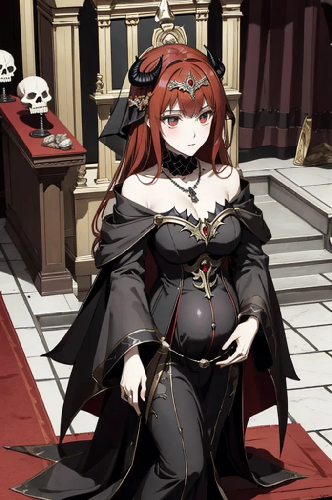 ((highest quality)), ((masterpiece)), (be familiar with), Perfect Face、The Enchanting Body of Celica（FE）、Red hair、The perfect proportions、semi-long、necklace、Bangles、Caster wheel、Circlet、Luxury Accessories、first round、Fallen into evil、、Blank look、Engagement Rings、Hollow Eyes、Ritual of Summoning Demons、Dark Room、Red magic circle on the floor、Mass skeletonsの燭台と蝋燭、darkness、Black sheets、Devil's Altar、Suspicious rituals、A large number of skull objects、Big magic circle on the floor、Skeleton Candelabra、Luxury Jewelry、Be baptized by the devil、Skeleton Crown、black large gemstone pendant、empty eyes、Apathy、Expressionless、Black priestly uniform、devil&#39;s priest、believer in demons、dark priest、Black religious clothing、Richly decorated priestly vestments、Black clothes、Black Veil、Devil's Ornaments、Devil&#39;s Accessories、Temple of the Devil、Baphomet&#39;s Servant、Standing in front of the altar、Big devil statue、Black interior、Big devil statueに祈りを捧げる、Large goat-headed devil statue、Big Baphomet statue、Skeleton Crown、Body and soul become demons、Skeleton Demon、Skeleton Demon Priest Celica、Mass skeletons、Wearing a skeleton、Lying on the altar、pregnancy、Last month of pregnancy