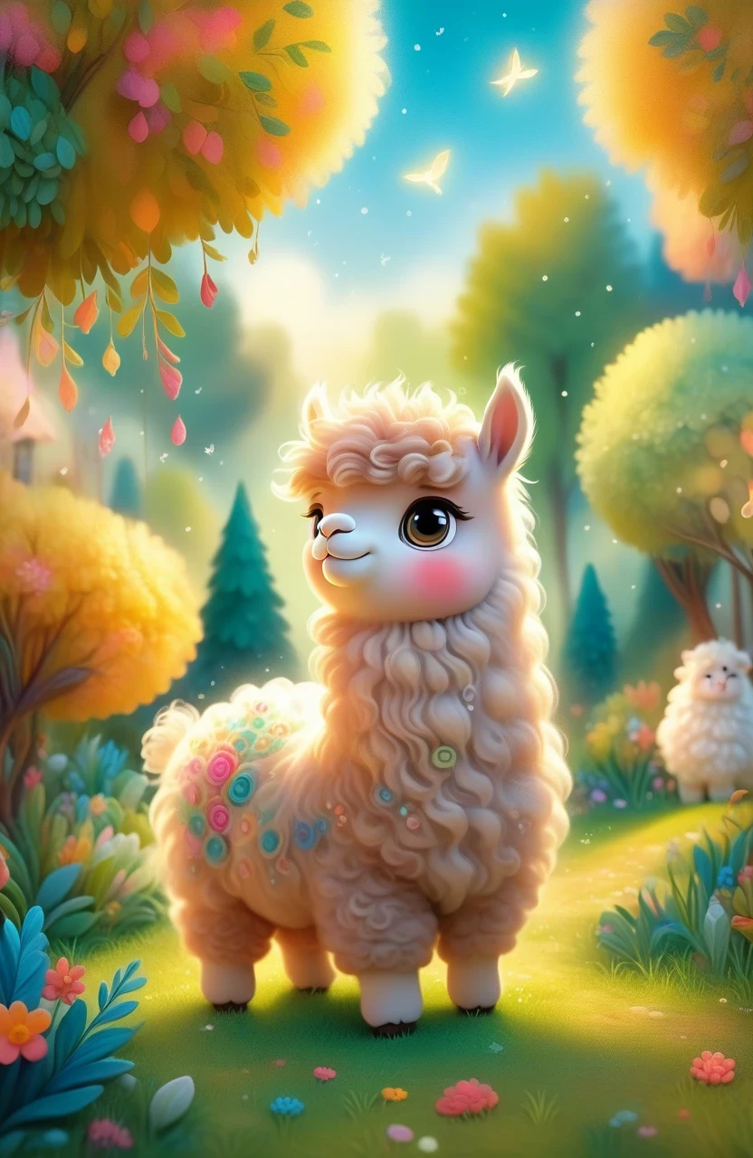 a girl with a playful smile, a cute and fluffy alpaca in a beautiful garden, soft sunlight streaming through the trees, vibrant flowers blooming in full color, lush green grass stretching endlessly, a gentle breeze rustling the leaves, the alpaca's warm and expressive eyes, the girl gently brushing the alpaca's soft fur, capturing the innocence and joy of their companionship, a whimsical touch of surrealism in the background, creating a dreamlike atmosphere, the artwork rendered in a mesmerizing mixture of illustrations and photorealistic painting techniques, showcasing the alpaca's intricate details, every strand of fur and every leaf rendered with utmost precision, vibrant colors that come to life, bringing the scene to a vivid reality, the composition bathed in warm and golden tones, creating a cozy and inviting atmosphere, the lighting casting beautiful shadows and highlights, adding depth and dimension to the artwork. (best quality,4k,8k,highres,masterpiece:1.2),ultra-detailed, (realistic,photorealistic,photo-realistic:1.37), HDR, UHD, studio lighting, ultra-fine painting, sharp focus, physically-based rendering, extreme detail description, professional, vivid colors, bokeh, portraits, landscape, fantasy, dream-like, warmth and coziness, golden tones, whimsical surrealism.