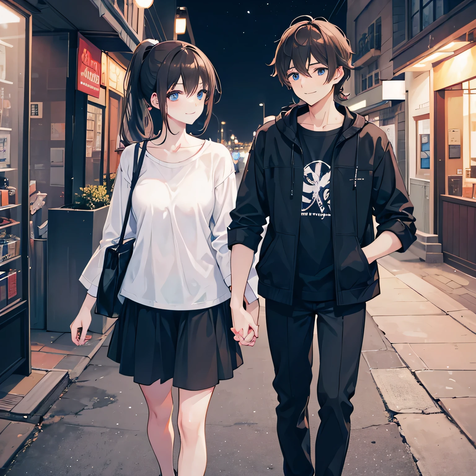 a man walks hand in hand with his girlfriend at night in a city, the characteristics of the man are short black hair, light blue eyes with a smiling expression, then the characteristics of the woman are long brown hair in a ponytail, her eyes are red with a happy expression