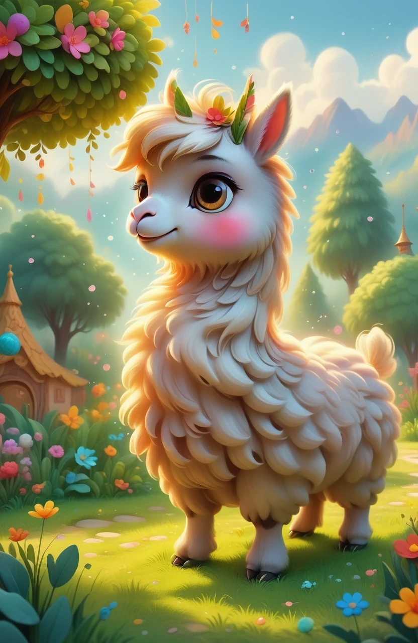 a girl with a playful smile, a cute and fluffy alpaca in a beautiful garden, soft sunlight streaming through the trees, vibrant flowers blooming in full color, lush green grass stretching endlessly, a gentle breeze rustling the leaves, the alpaca's warm and expressive eyes, the girl gently brushing the alpaca's soft fur, capturing the innocence and joy of their companionship, a whimsical touch of surrealism in the background, creating a dreamlike atmosphere, the artwork rendered in a mesmerizing mixture of illustrations and photorealistic painting techniques, showcasing the alpaca's intricate details, every strand of fur and every leaf rendered with utmost precision, vibrant colors that come to life, bringing the scene to a vivid reality, the composition bathed in warm and golden tones, creating a cozy and inviting atmosphere, the lighting casting beautiful shadows and highlights, adding depth and dimension to the artwork. (best quality,4k,8k,highres,masterpiece:1.2),ultra-detailed, (realistic,photorealistic,photo-realistic:1.37), HDR, UHD, studio lighting, ultra-fine painting, sharp focus, physically-based rendering, extreme detail description, professional, vivid colors, bokeh, portraits, landscape, fantasy, dream-like, warmth and coziness, golden tones, whimsical surrealism.