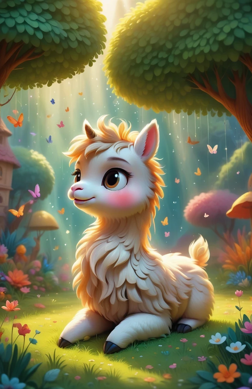 a girl with a playful smile, a cute and fluffy alpaca in a beautiful garden, soft sunlight streaming through the trees, vibrant flowers blooming in full color, lush green grass stretching endlessly, a gentle breeze rustling the leaves, the alpaca's warm and expressive eyes, the girl gently brushing the alpaca's soft fur, capturing the innocence and joy of their companionship, a whimsical touch of surrealism in the background, creating a dreamlike atmosphere, the artwork rendered in a mesmerizing mixture of illustrations and photorealistic painting techniques, showcasing the alpaca's intricate details, every strand of fur and every leaf rendered with utmost precision, vibrant colors that come to life, bringing the scene to a vivid reality, the composition bathed in warm and golden tones, creating a cozy and inviting atmosphere, the lighting casting beautiful shadows and highlights, adding depth and dimension to the artwork. (best quality,4k,8k,highres,masterpiece:1.2),ultra-detailed, (realistic,photorealistic,photo-realistic:1.37), HDR, UHD, studio lighting, ultra-fine painting, sharp focus, physically-based rendering, extreme detail description, professional, vivid colors, bokeh, portraits, landscape, fantasy, dream-like, warmth and coziness, golden tones, whimsical surrealism.