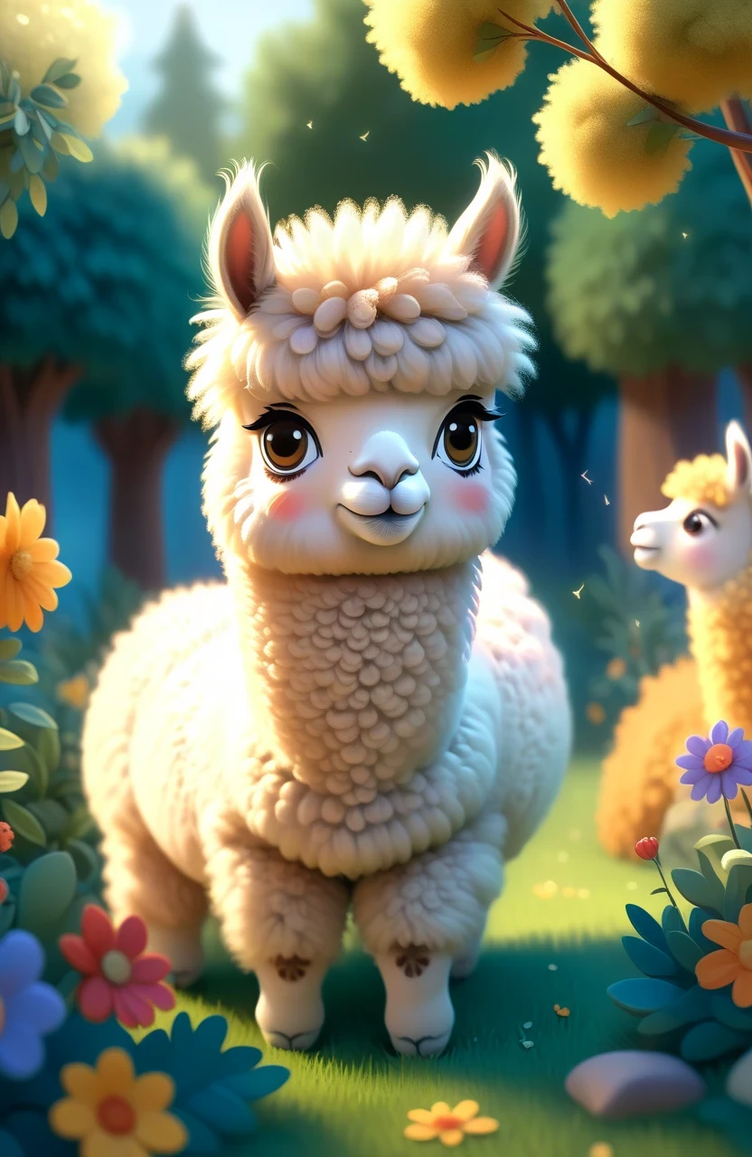 a girl with a playful smile, a cute and fluffy alpaca in a beautiful garden, soft sunlight streaming through the trees, vibrant flowers blooming in full color, lush green grass stretching endlessly, a gentle breeze rustling the leaves, the alpaca's warm and expressive eyes, the girl gently brushing the alpaca's soft fur, capturing the innocence and joy of their companionship, a whimsical touch of surrealism in the background, creating a dreamlike atmosphere, the artwork rendered in a mesmerizing mixture of illustrations and photorealistic painting techniques, showcasing the alpaca's intricate details, every strand of fur and every leaf rendered with utmost precision, vibrant colors that come to life, bringing the scene to a vivid reality, the composition bathed in warm and golden tones, creating a cozy and inviting atmosphere, the lighting casting beautiful shadows and highlights, adding depth and dimension to the artwork. (best quality,4k,8k,highres,masterpiece:1.2),ultra-detailed, (realistic,photorealistic,photo-realistic:1.37), HDR, UHD, studio lighting, ultra-fine painting, sharp focus, physically-based rendering, extreme detail description, professional, vivid colors, bokeh, portraits, landscape, fantasy, dream-like, warmth and coziness, golden tones, whimsical surrealism.