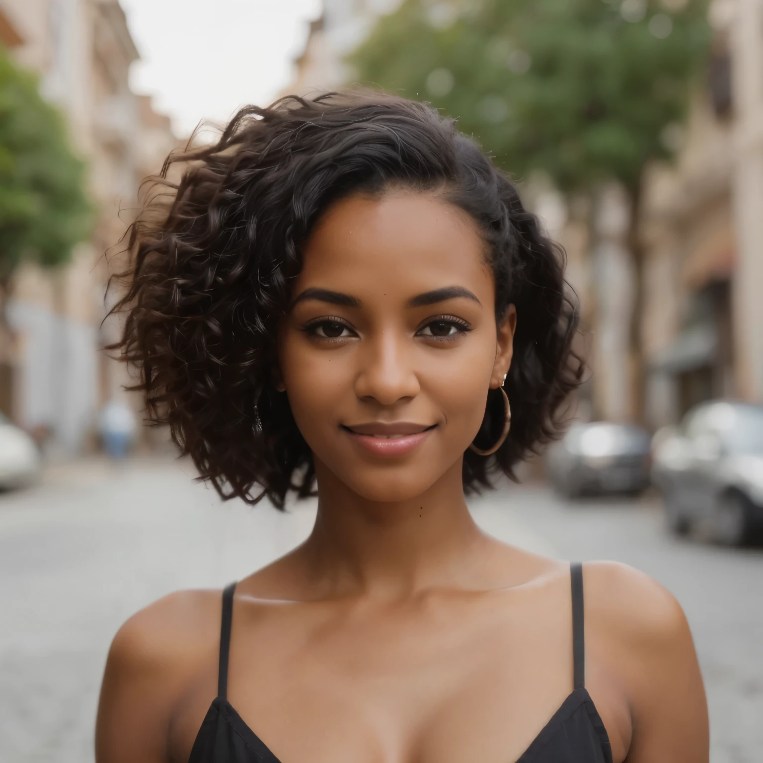 1 mulher negra, Foto realista, rosto detalhado, rua vazia, Detalhe muito alto, cabelo encaracolado, profundidade de campo, cabelo preto, , corpo todo, pelos pubianos, Sorridente.