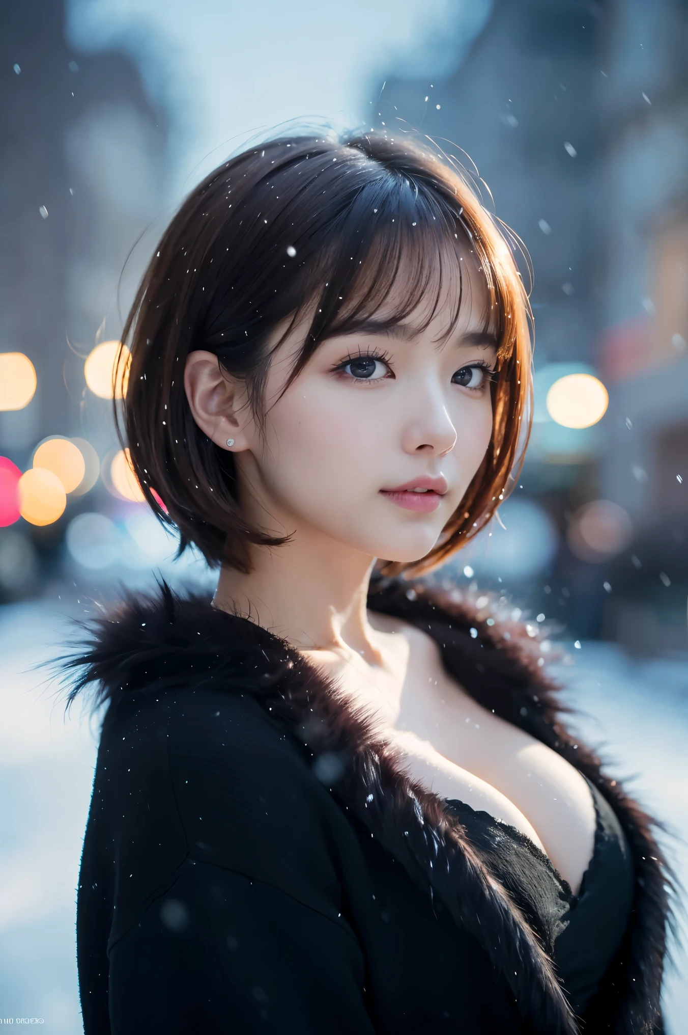 (Tabletop、highest quality、8k、Award-winning works、Ultra-high resolution)、One beautiful woman、(Thick open fur coat:1.2)、V-neck knit sweater、brown hair、Close-up of face、(Short Bob Hair:1.1)、Spectacular Cinema Lighting、(Romantic affection:1.1)、(The most romantic and moody atmosphere:1.1)、winter、Snow Scene、it's snowing、(Walking through the snowy streets of Northern Europe:1.1)、look at me、(Very large breasts:1.1)、(Cleavage:1.1、(Accentuate your body lines:1.1)、blurred background、Accurate anatomy、Ultra HD Hair、Ultra-high resolutionの完璧な美しい歯、Ultra-high definition beauty face、Ultra HD Hair、Ultra-high resolutionの輝く瞳、輝くUltra-high resolutionの美肌、Ultra-high resolutionの艶やかな唇、(Face close-up:1.1)