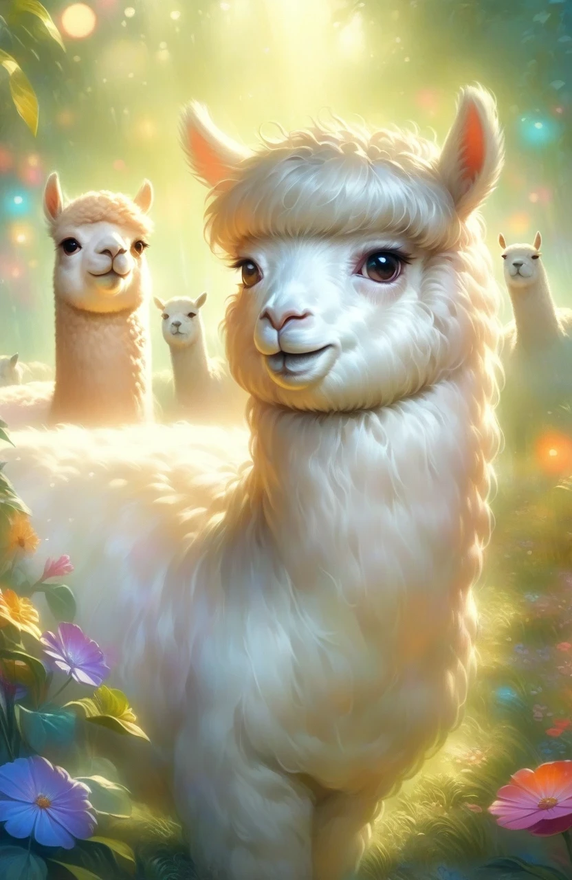 a girl with a playful smile, a cute and fluffy alpaca in a beautiful garden, soft sunlight streaming through the trees, vibrant flowers blooming in full color, lush green grass stretching endlessly, a gentle breeze rustling the leaves, the alpaca's warm and expressive eyes, the girl gently brushing the alpaca's soft fur, capturing the innocence and joy of their companionship, a whimsical touch of surrealism in the background, creating a dreamlike atmosphere, the artwork rendered in a mesmerizing mixture of illustrations and photorealistic painting techniques, showcasing the alpaca's intricate details, every strand of fur and every leaf rendered with utmost precision, vibrant colors that come to life, bringing the scene to a vivid reality, the composition bathed in warm and golden tones, creating a cozy and inviting atmosphere, the lighting casting beautiful shadows and highlights, adding depth and dimension to the artwork. (best quality,4k,8k,highres,masterpiece:1.2),ultra-detailed, (realistic,photorealistic,photo-realistic:1.37), HDR, UHD, studio lighting, ultra-fine painting, sharp focus, physically-based rendering, extreme detail description, professional, vivid colors, bokeh, portraits, landscape, fantasy, dream-like, warmth and coziness, golden tones, whimsical surrealism.