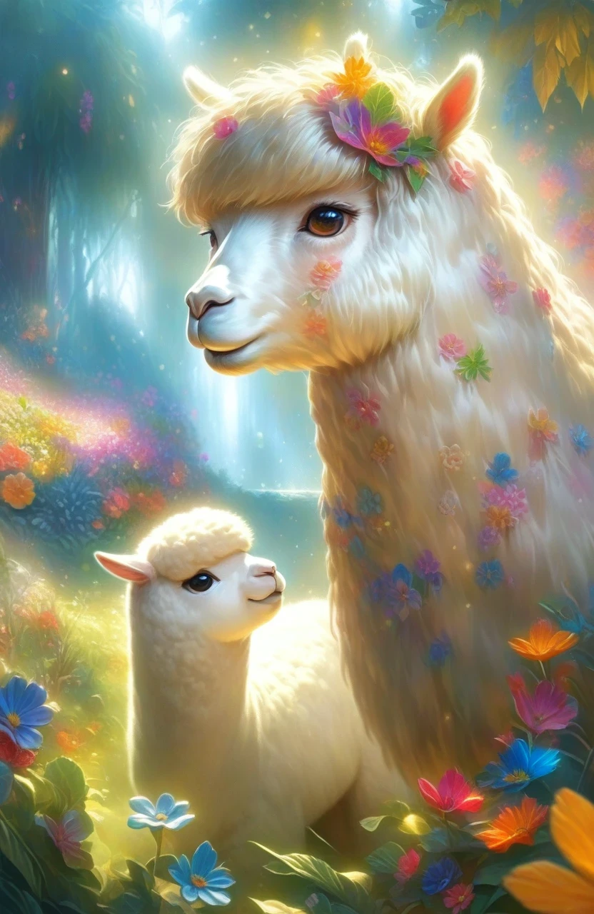 a girl with a playful smile, a cute and fluffy alpaca in a beautiful garden, soft sunlight streaming through the trees, vibrant flowers blooming in full color, lush green grass stretching endlessly, a gentle breeze rustling the leaves, the alpaca's warm and expressive eyes, the girl gently brushing the alpaca's soft fur, capturing the innocence and joy of their companionship, a whimsical touch of surrealism in the background, creating a dreamlike atmosphere, the artwork rendered in a mesmerizing mixture of illustrations and photorealistic painting techniques, showcasing the alpaca's intricate details, every strand of fur and every leaf rendered with utmost precision, vibrant colors that come to life, bringing the scene to a vivid reality, the composition bathed in warm and golden tones, creating a cozy and inviting atmosphere, the lighting casting beautiful shadows and highlights, adding depth and dimension to the artwork. (best quality,4k,8k,highres,masterpiece:1.2),ultra-detailed, (realistic,photorealistic,photo-realistic:1.37), HDR, UHD, studio lighting, ultra-fine painting, sharp focus, physically-based rendering, extreme detail description, professional, vivid colors, bokeh, portraits, landscape, fantasy, dream-like, warmth and coziness, golden tones, whimsical surrealism.