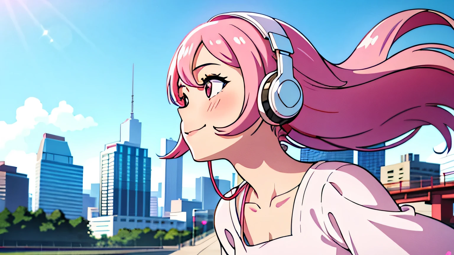 City Pop, girl, Pink Hair, alone, wearing headphones, prairie, smile, wearing a pure white dress, right angle