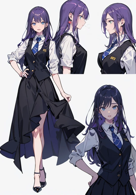 ((Perfect Face)),Purple Hair,Long hair with volume,1 female,bartender,suit,Black vest,Shirt with rolled up sleeves,tie,slit,High heels,,((Simple Background)),smile,((whole body)),((whole body)),Portraiture,virtual,upright,,both arms are down,Standing upright with face and body facing forward,