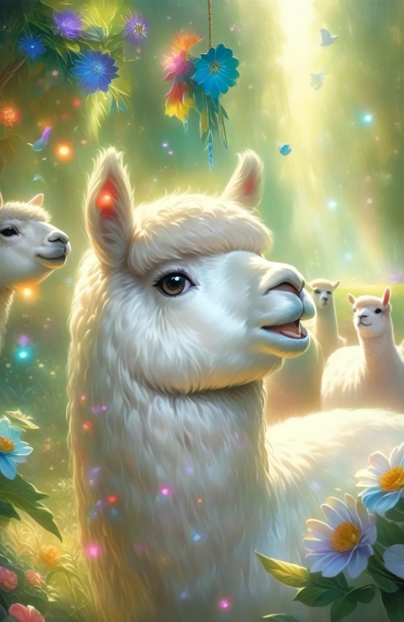 a girl with a playful smile, a cute and fluffy alpaca in a beautiful garden, soft sunlight streaming through the trees, vibrant flowers blooming in full color, lush green grass stretching endlessly, a gentle breeze rustling the leaves, the alpaca's warm and expressive eyes, the girl gently brushing the alpaca's soft fur, capturing the innocence and joy of their companionship, a whimsical touch of surrealism in the background, creating a dreamlike atmosphere, the artwork rendered in a mesmerizing mixture of illustrations and photorealistic painting techniques, showcasing the alpaca's intricate details, every strand of fur and every leaf rendered with utmost precision, vibrant colors that come to life, bringing the scene to a vivid reality, the composition bathed in warm and golden tones, creating a cozy and inviting atmosphere, the lighting casting beautiful shadows and highlights, adding depth and dimension to the artwork. (best quality,4k,8k,highres,masterpiece:1.2),ultra-detailed, (realistic,photorealistic,photo-realistic:1.37), HDR, UHD, studio lighting, ultra-fine painting, sharp focus, physically-based rendering, extreme detail description, professional, vivid colors, bokeh, portraits, landscape, fantasy, dream-like, warmth and coziness, golden tones, whimsical surrealism.