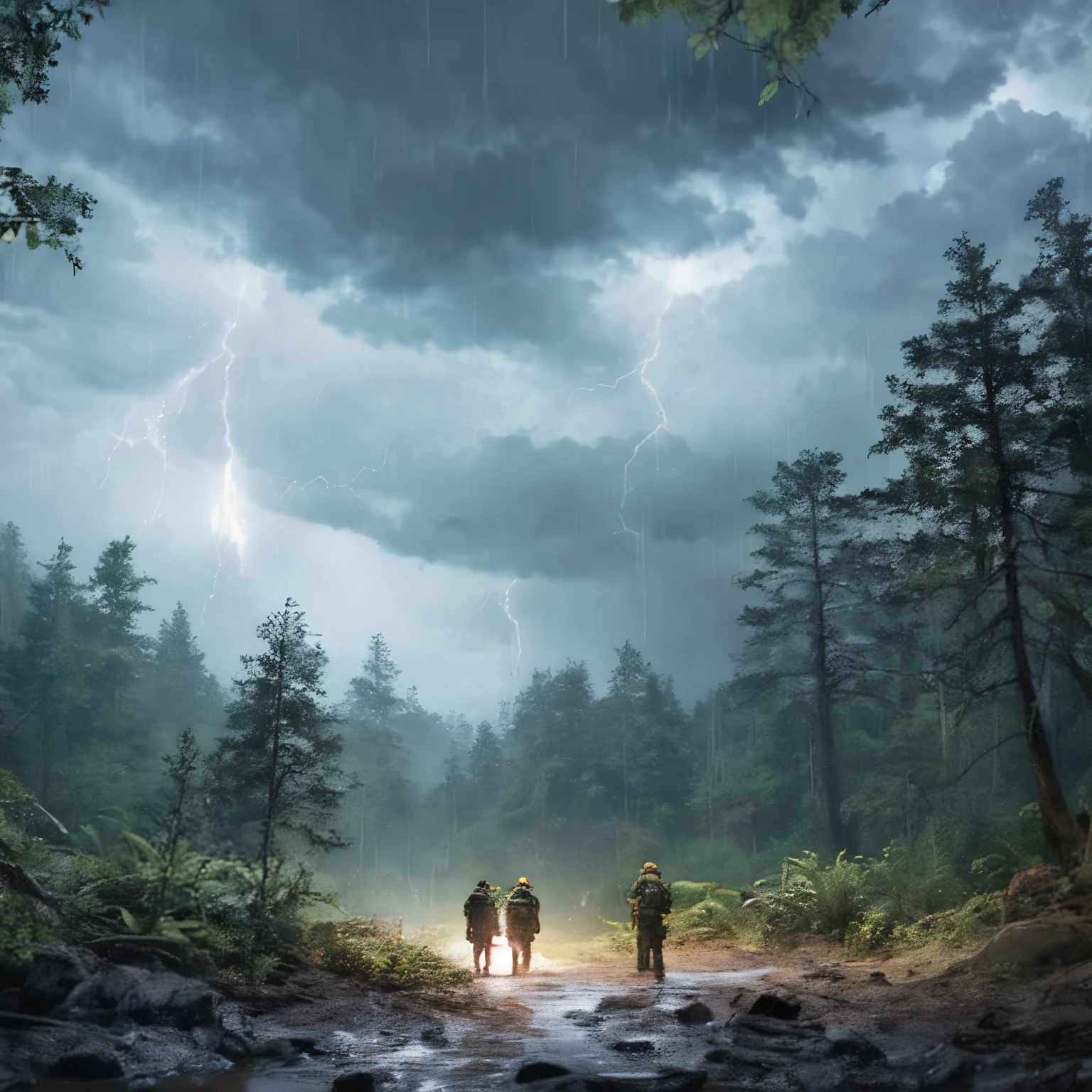 Search and rescue team  in the forest , during a thunderstorm, detailed lighting and thunder, photo manipulation, cloud and thunder, thunder storm, in a lighting storm, during a storm, emotional picture, 3 d render and matte painting, realistic picture, realistic fantasy illustration, powerful photo, photomanipulation