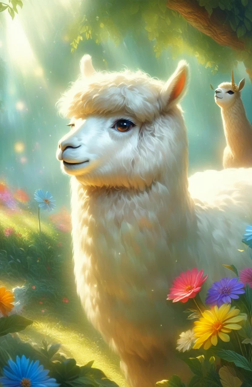 a girl with a playful smile, a cute and fluffy alpaca in a beautiful garden, soft sunlight streaming through the trees, vibrant flowers blooming in full color, lush green grass stretching endlessly, a gentle breeze rustling the leaves, the alpaca's warm and expressive eyes, the girl gently brushing the alpaca's soft fur, capturing the innocence and joy of their companionship, a whimsical touch of surrealism in the background, creating a dreamlike atmosphere, the artwork rendered in a mesmerizing mixture of illustrations and photorealistic painting techniques, showcasing the alpaca's intricate details, every strand of fur and every leaf rendered with utmost precision, vibrant colors that come to life, bringing the scene to a vivid reality, the composition bathed in warm and golden tones, creating a cozy and inviting atmosphere, the lighting casting beautiful shadows and highlights, adding depth and dimension to the artwork. (best quality,4k,8k,highres,masterpiece:1.2),ultra-detailed, (realistic,photorealistic,photo-realistic:1.37), HDR, UHD, studio lighting, ultra-fine painting, sharp focus, physically-based rendering, extreme detail description, professional, vivid colors, bokeh, portraits, landscape, fantasy, dream-like, warmth and coziness, golden tones, whimsical surrealism.