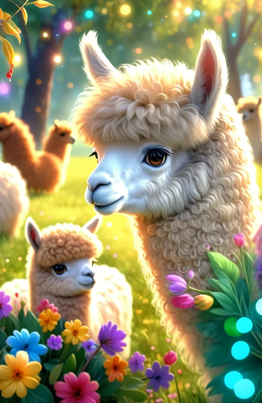 a girl with a playful smile, a cute and fluffy alpaca in a beautiful garden, soft sunlight streaming through the trees, vibrant flowers blooming in full color, lush green grass stretching endlessly, a gentle breeze rustling the leaves, the alpaca's warm and expressive eyes, the girl gently brushing the alpaca's soft fur, capturing the innocence and joy of their companionship, a whimsical touch of surrealism in the background, creating a dreamlike atmosphere, the artwork rendered in a mesmerizing mixture of illustrations and photorealistic painting techniques, showcasing the alpaca's intricate details, every strand of fur and every leaf rendered with utmost precision, vibrant colors that come to life, bringing the scene to a vivid reality, the composition bathed in warm and golden tones, creating a cozy and inviting atmosphere, the lighting casting beautiful shadows and highlights, adding depth and dimension to the artwork. (best quality,4k,8k,highres,masterpiece:1.2),ultra-detailed, (realistic,photorealistic,photo-realistic:1.37), HDR, UHD, studio lighting, ultra-fine painting, sharp focus, physically-based rendering, extreme detail description, professional, vivid colors, bokeh, portraits, landscape, fantasy, dream-like, warmth and coziness, golden tones, whimsical surrealism.