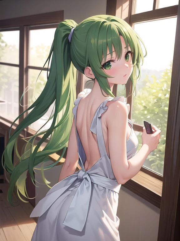 masterpiece, highest quality, Super detailed, 1 Girl,  Mion Sonozaki, Green Hair, Green Eyes, ponytail, surprise:1.3、blush、Normal chest、Naked Apron:1.3,woman&#39;s butt facing the screen、Backward perspective