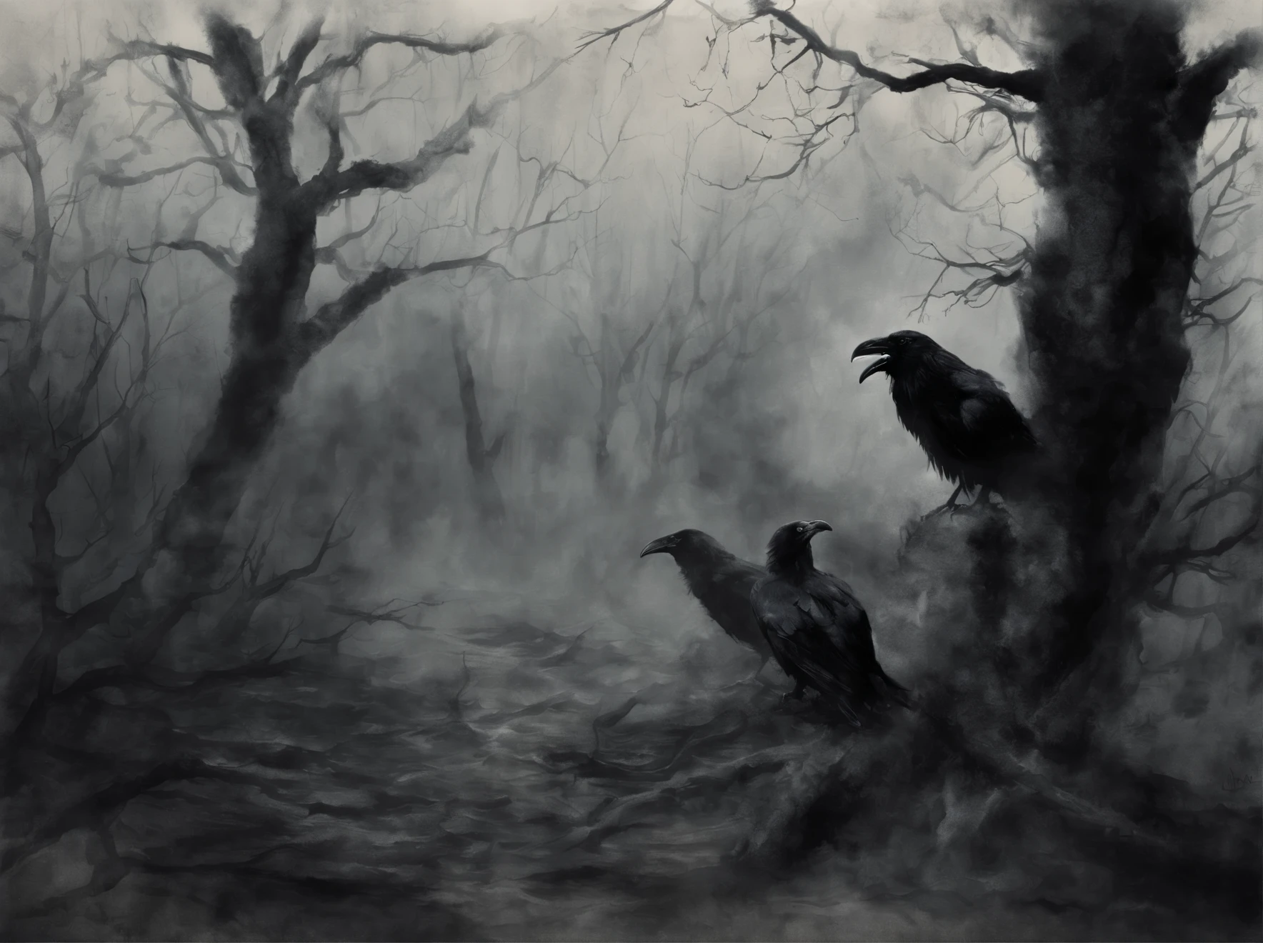 Subject: Ravens gathering around a red human heart in a rainy forest setting, ink wash style
Medium: Digital painting
Style: Black and white, atmospheric
Artist: Suggest artists known for similar styles
Website: Artstation
Resolution: 4k
Additional details: Subtle highlighting of blood, depiction of rain and mist
Color: Black and white
Lighting: Atmospheric, misty