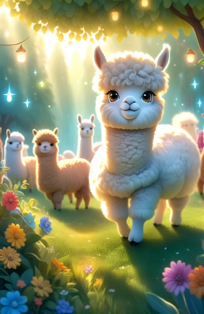 a girl with a playful smile, a cute and fluffy alpaca in a beautiful garden, soft sunlight streaming through the trees, vibrant flowers blooming in full color, lush green grass stretching endlessly, a gentle breeze rustling the leaves, the alpaca's warm and expressive eyes, the girl gently brushing the alpaca's soft fur, capturing the innocence and joy of their companionship, a whimsical touch of surrealism in the background, creating a dreamlike atmosphere, the artwork rendered in a mesmerizing mixture of illustrations and photorealistic painting techniques, showcasing the alpaca's intricate details, every strand of fur and every leaf rendered with utmost precision, vibrant colors that come to life, bringing the scene to a vivid reality, the composition bathed in warm and golden tones, creating a cozy and inviting atmosphere, the lighting casting beautiful shadows and highlights, adding depth and dimension to the artwork. (best quality,4k,8k,highres,masterpiece:1.2),ultra-detailed, (realistic,photorealistic,photo-realistic:1.37), HDR, UHD, studio lighting, ultra-fine painting, sharp focus, physically-based rendering, extreme detail description, professional, vivid colors, bokeh, portraits, landscape, fantasy, dream-like, warmth and coziness, golden tones, whimsical surrealism.