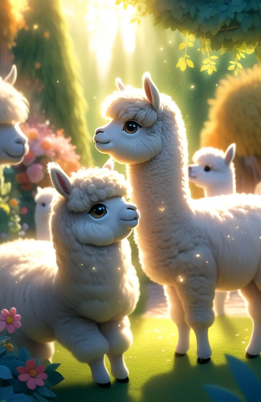 a girl with a playful smile, a cute and fluffy alpaca in a beautiful garden, soft sunlight streaming through the trees, vibrant flowers blooming in full color, lush green grass stretching endlessly, a gentle breeze rustling the leaves, the alpaca's warm and expressive eyes, the girl gently brushing the alpaca's soft fur, capturing the innocence and joy of their companionship, a whimsical touch of surrealism in the background, creating a dreamlike atmosphere, the artwork rendered in a mesmerizing mixture of illustrations and photorealistic painting techniques, showcasing the alpaca's intricate details, every strand of fur and every leaf rendered with utmost precision, vibrant colors that come to life, bringing the scene to a vivid reality, the composition bathed in warm and golden tones, creating a cozy and inviting atmosphere, the lighting casting beautiful shadows and highlights, adding depth and dimension to the artwork. (best quality,4k,8k,highres,masterpiece:1.2),ultra-detailed, (realistic,photorealistic,photo-realistic:1.37), HDR, UHD, studio lighting, ultra-fine painting, sharp focus, physically-based rendering, extreme detail description, professional, vivid colors, bokeh, portraits, landscape, fantasy, dream-like, warmth and coziness, golden tones, whimsical surrealism.