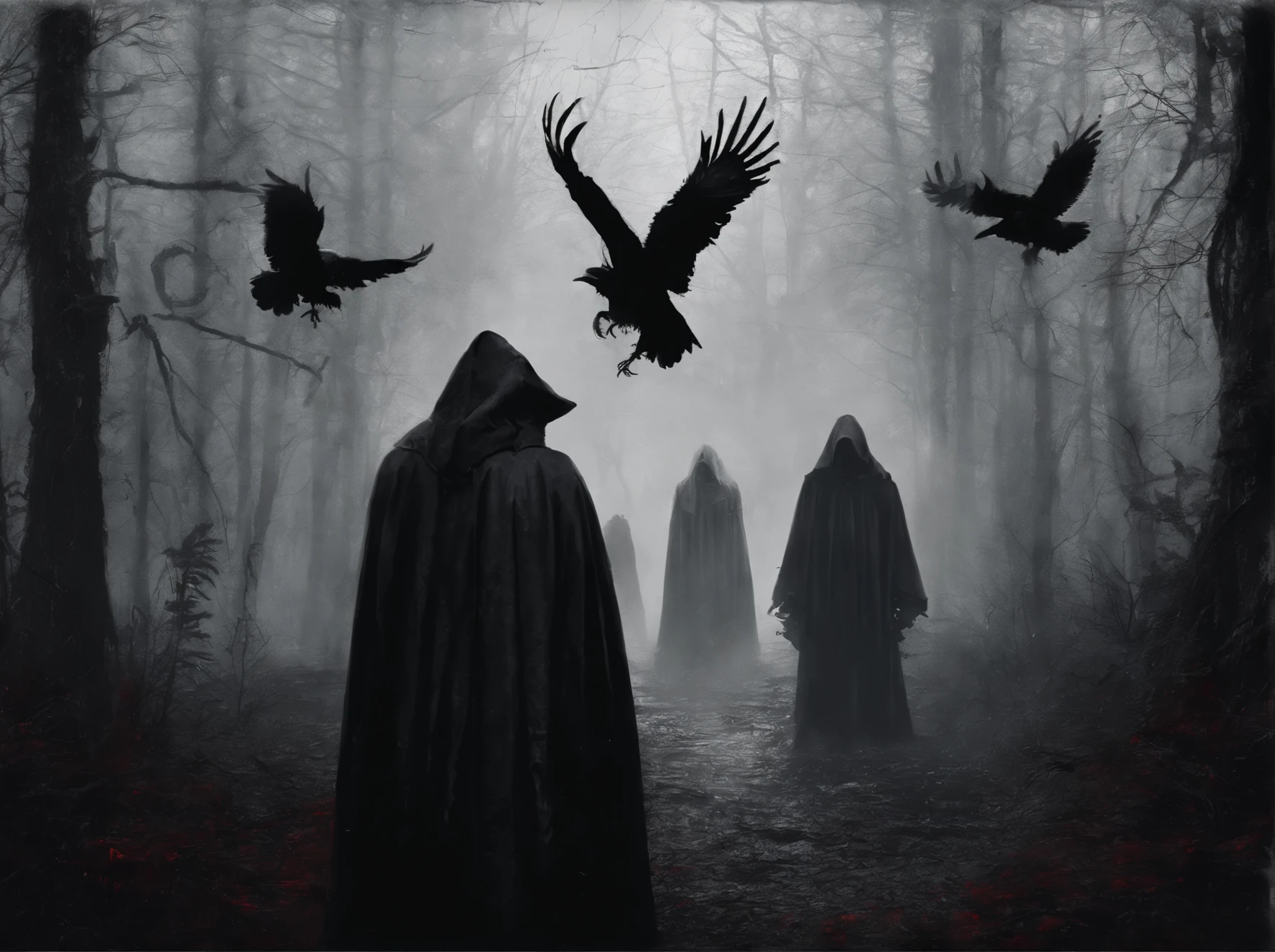 Subject: Ravens gathering around a red human heart in a rainy forest setting, ink wash style
Medium: Digital painting
Style: Black and white, atmospheric
Artist: Suggest artists known for similar styles
Website: Artstation
Resolution: 4k
Additional details: Subtle highlighting of blood, depiction of rain and mist
Color: Black and white
Lighting: Atmospheric, misty