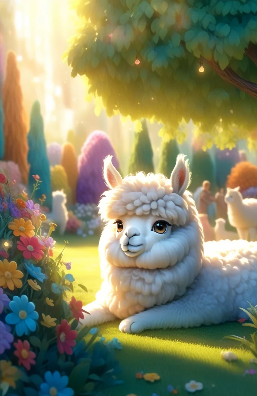 a girl with a playful smile, a cute and fluffy alpaca in a beautiful garden, soft sunlight streaming through the trees, vibrant flowers blooming in full color, lush green grass stretching endlessly, a gentle breeze rustling the leaves, the alpaca's warm and expressive eyes, the girl gently brushing the alpaca's soft fur, capturing the innocence and joy of their companionship, a whimsical touch of surrealism in the background, creating a dreamlike atmosphere, the artwork rendered in a mesmerizing mixture of illustrations and photorealistic painting techniques, showcasing the alpaca's intricate details, every strand of fur and every leaf rendered with utmost precision, vibrant colors that come to life, bringing the scene to a vivid reality, the composition bathed in warm and golden tones, creating a cozy and inviting atmosphere, the lighting casting beautiful shadows and highlights, adding depth and dimension to the artwork. (best quality,4k,8k,highres,masterpiece:1.2),ultra-detailed, (realistic,photorealistic,photo-realistic:1.37), HDR, UHD, studio lighting, ultra-fine painting, sharp focus, physically-based rendering, extreme detail description, professional, vivid colors, bokeh, portraits, landscape, fantasy, dream-like, warmth and coziness, golden tones, whimsical surrealism.