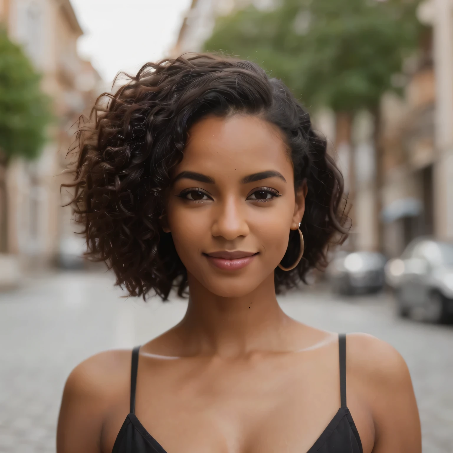 1 mulher negra, Foto realista, rosto detalhado, rua vazia, Detalhe muito alto, cabelo encaracolado, profundidade de campo, cabelo preto, , corpo todo, pelos pubianos, Sorridente.