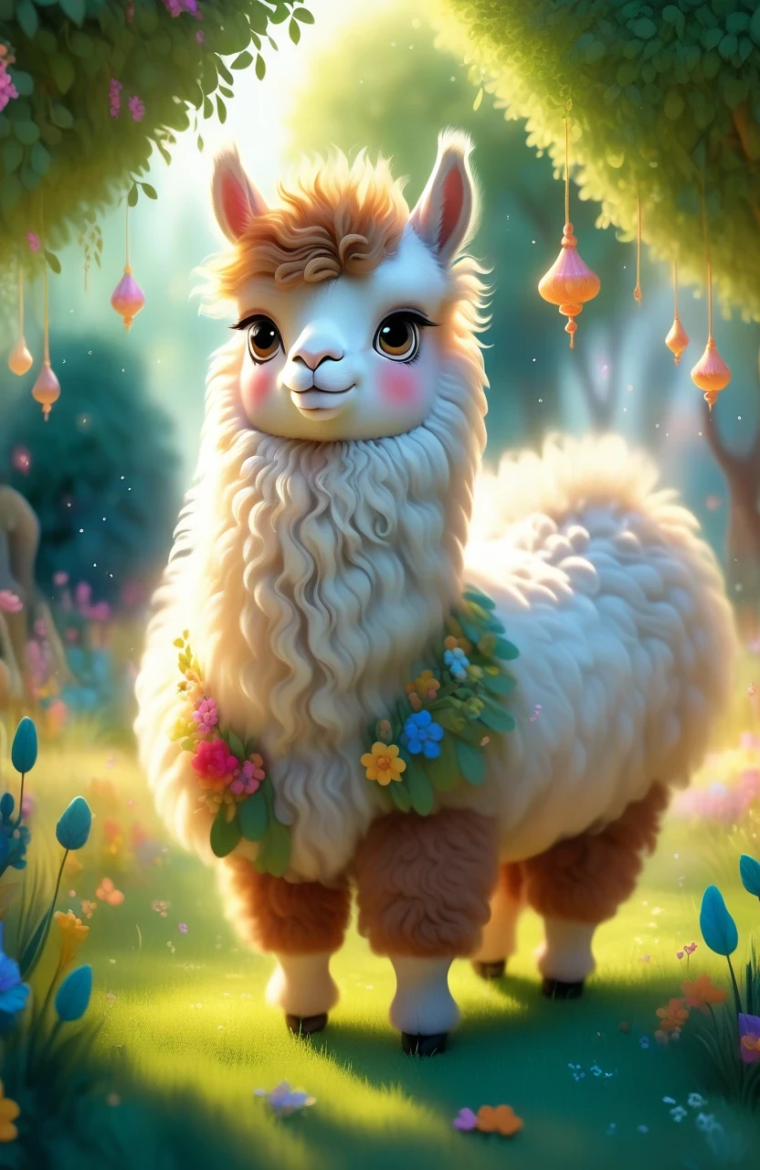 a girl with a playful smile, a cute and fluffy alpaca in a beautiful garden, soft sunlight streaming through the trees, vibrant flowers blooming in full color, lush green grass stretching endlessly, a gentle breeze rustling the leaves, the alpaca's warm and expressive eyes, the girl gently brushing the alpaca's soft fur, capturing the innocence and joy of their companionship, a whimsical touch of surrealism in the background, creating a dreamlike atmosphere, the artwork rendered in a mesmerizing mixture of illustrations and photorealistic painting techniques, showcasing the alpaca's intricate details, every strand of fur and every leaf rendered with utmost precision, vibrant colors that come to life, bringing the scene to a vivid reality, the composition bathed in warm and golden tones, creating a cozy and inviting atmosphere, the lighting casting beautiful shadows and highlights, adding depth and dimension to the artwork. (best quality,4k,8k,highres,masterpiece:1.2),ultra-detailed, (realistic,photorealistic,photo-realistic:1.37), HDR, UHD, studio lighting, ultra-fine painting, sharp focus, physically-based rendering, extreme detail description, professional, vivid colors, bokeh, portraits, landscape, fantasy, dream-like, warmth and coziness, golden tones, whimsical surrealism.