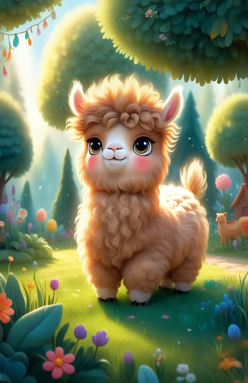 a girl with a playful smile, a cute and fluffy alpaca in a beautiful garden, soft sunlight streaming through the trees, vibrant flowers blooming in full color, lush green grass stretching endlessly, a gentle breeze rustling the leaves, the alpaca's warm and expressive eyes, the girl gently brushing the alpaca's soft fur, capturing the innocence and joy of their companionship, a whimsical touch of surrealism in the background, creating a dreamlike atmosphere, the artwork rendered in a mesmerizing mixture of illustrations and photorealistic painting techniques, showcasing the alpaca's intricate details, every strand of fur and every leaf rendered with utmost precision, vibrant colors that come to life, bringing the scene to a vivid reality, the composition bathed in warm and golden tones, creating a cozy and inviting atmosphere, the lighting casting beautiful shadows and highlights, adding depth and dimension to the artwork. (best quality,4k,8k,highres,masterpiece:1.2),ultra-detailed, (realistic,photorealistic,photo-realistic:1.37), HDR, UHD, studio lighting, ultra-fine painting, sharp focus, physically-based rendering, extreme detail description, professional, vivid colors, bokeh, portraits, landscape, fantasy, dream-like, warmth and coziness, golden tones, whimsical surrealism.