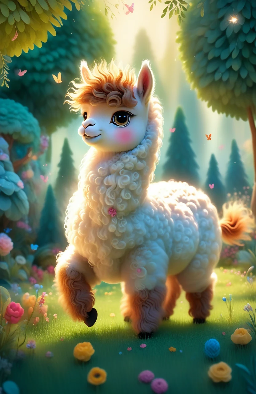 a girl with a playful smile, a cute and fluffy alpaca in a beautiful garden, soft sunlight streaming through the trees, vibrant flowers blooming in full color, lush green grass stretching endlessly, a gentle breeze rustling the leaves, the alpaca's warm and expressive eyes, the girl gently brushing the alpaca's soft fur, capturing the innocence and joy of their companionship, a whimsical touch of surrealism in the background, creating a dreamlike atmosphere, the artwork rendered in a mesmerizing mixture of illustrations and photorealistic painting techniques, showcasing the alpaca's intricate details, every strand of fur and every leaf rendered with utmost precision, vibrant colors that come to life, bringing the scene to a vivid reality, the composition bathed in warm and golden tones, creating a cozy and inviting atmosphere, the lighting casting beautiful shadows and highlights, adding depth and dimension to the artwork. (best quality,4k,8k,highres,masterpiece:1.2),ultra-detailed, (realistic,photorealistic,photo-realistic:1.37), HDR, UHD, studio lighting, ultra-fine painting, sharp focus, physically-based rendering, extreme detail description, professional, vivid colors, bokeh, portraits, landscape, fantasy, dream-like, warmth and coziness, golden tones, whimsical surrealism.