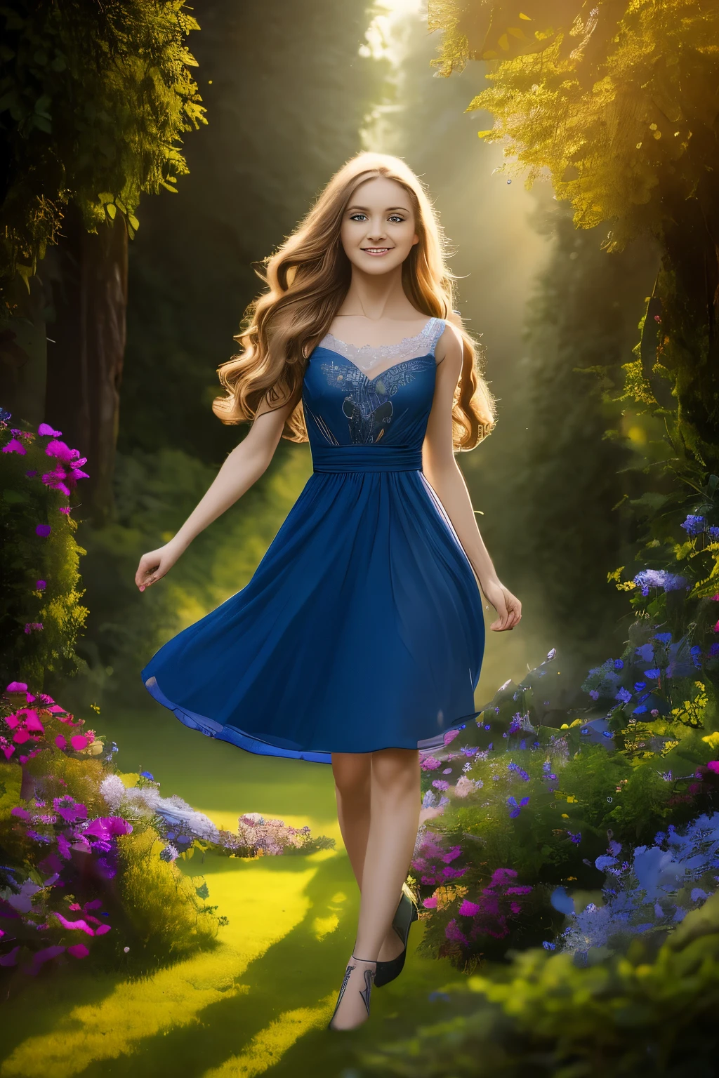 An image of 3 fairies with unique features living in an enchanted forest. The first fairy has long, golden hair, blue dress and transparent wings. The second fairy has short, red hair, a green dress, and sparkling wings. The third fairy has curly brown hair, pink dress and wings with colorful sparkles. The image should convey the joy and magic of the fairies, with vivid and vibrant colors. Digital illustration, fantastic art style, top-quality、Smooth straight blonde hair、(best quality, masterpiece:1.4, beautiful and aesthetic), 8K, (HDR:1.4), high contrast, extremely detailed, hyper realistic, absurdres:1.2, Kodak portra 400, bokeh:1.2, lens flare, (vibrant color:1.4), (muted colors, dim colors, soothing tones:0), cinematic lighting, ambient lighting, sidelighting, Exquisite details and textures, cinematic shot, Warm tone, (Bright and intense:1.2), wide shot, ultra realistic illustration, anime style, Art by Kinuko Y. Craft and Josephine Wall, Stephanie Law, Linda Ravenscroft, Strolling through an enchanting cosmic garden veiled in mystic fog, a person ventures forward, guided by the unseen wonders that unfold with each step, painting a captivating tapestry of celestial secrets. Embarking on a journey where the immediate future remains obscured, they embrace the allure of the unknown, weaving their way through a celestial ballet of whispers and wonders.(Melody Marks:1.3),(deep blue eyes:1.4), eleonora pavinato, high-resolution, realistic portrayal, fashion-forward, loving bond, trendy attire, captivating smiles, natural beauty, professional lighting, contemporary style, artistic composition