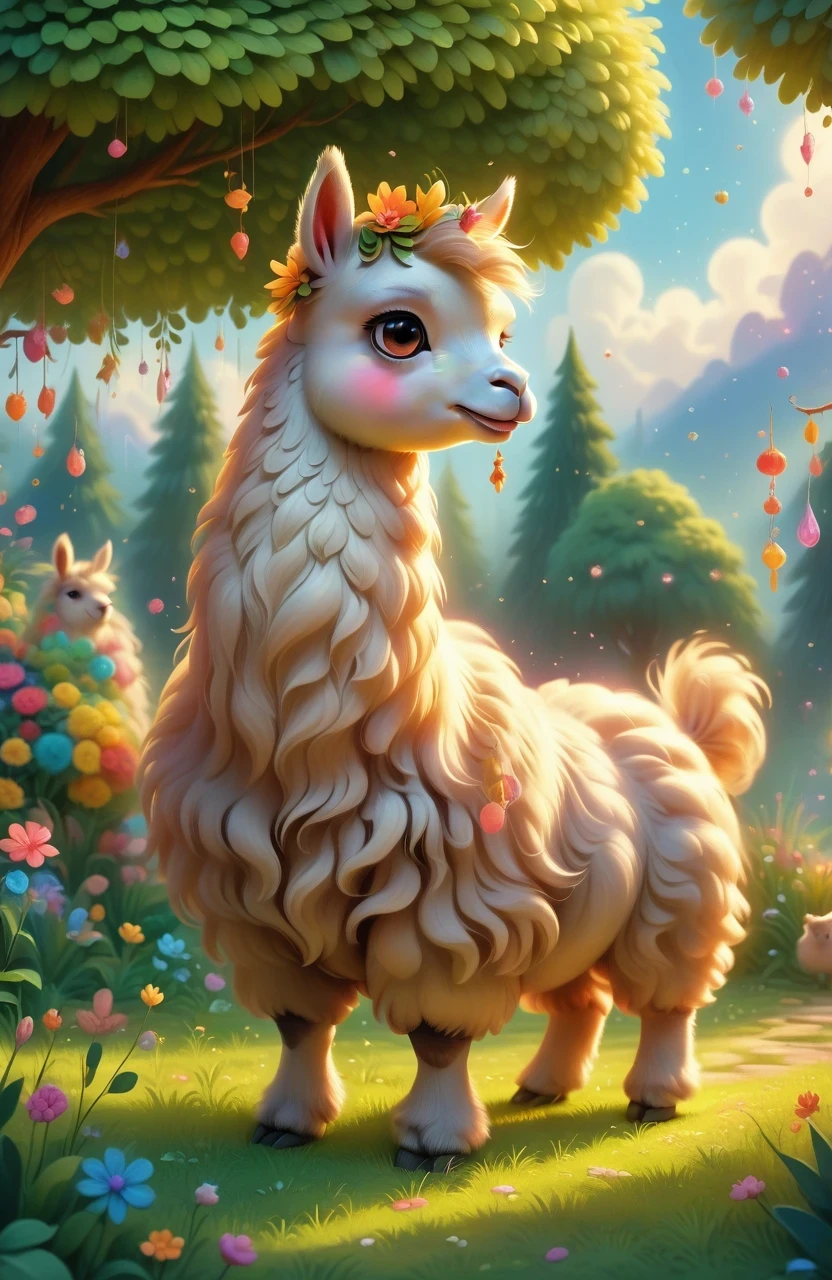 a girl with a playful smile, a cute and fluffy alpaca in a beautiful garden, soft sunlight streaming through the trees, vibrant flowers blooming in full color, lush green grass stretching endlessly, a gentle breeze rustling the leaves, the alpaca's warm and expressive eyes, the girl gently brushing the alpaca's soft fur, capturing the innocence and joy of their companionship, a whimsical touch of surrealism in the background, creating a dreamlike atmosphere, the artwork rendered in a mesmerizing mixture of illustrations and photorealistic painting techniques, showcasing the alpaca's intricate details, every strand of fur and every leaf rendered with utmost precision, vibrant colors that come to life, bringing the scene to a vivid reality, the composition bathed in warm and golden tones, creating a cozy and inviting atmosphere, the lighting casting beautiful shadows and highlights, adding depth and dimension to the artwork. (best quality,4k,8k,highres,masterpiece:1.2),ultra-detailed, (realistic,photorealistic,photo-realistic:1.37), HDR, UHD, studio lighting, ultra-fine painting, sharp focus, physically-based rendering, extreme detail description, professional, vivid colors, bokeh, portraits, landscape, fantasy, dream-like, warmth and coziness, golden tones, whimsical surrealism.