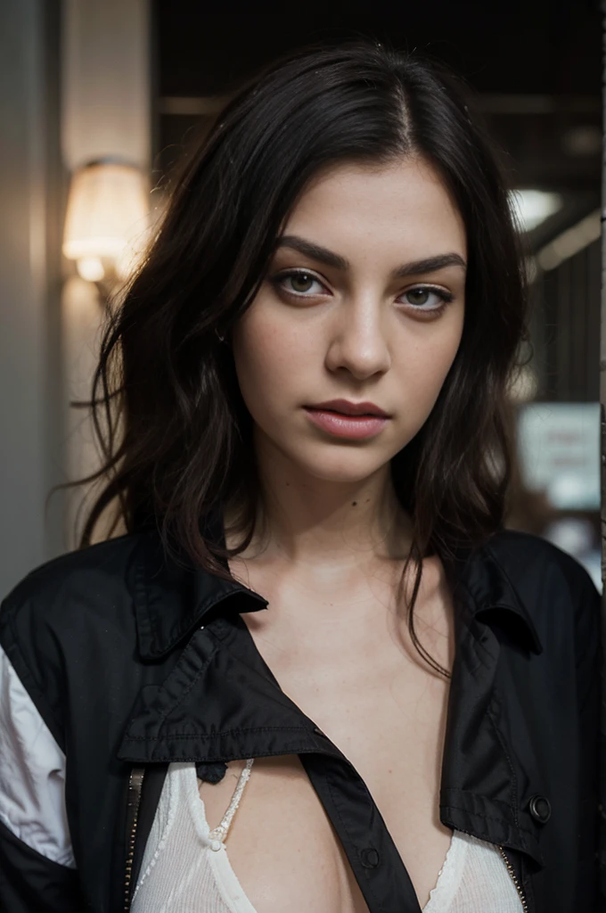 there is a woman with a black shirt and a black jacket, lorde, tiffany dover, julia sarda, mina petrovic, adi meyers, inspired by Nan Goldin, cynthwave, inspired by Elsa Bleda, in style of nan goldin, nika maisuradze, close-up portrait film still, davide sorrenti, charli bowater