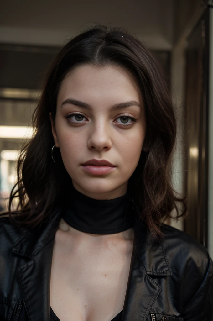 there is a woman with a black shirt and a black jacket, lorde, tiffany dover, julia sarda, mina petrovic, adi meyers, inspired by Nan Goldin, cynthwave, inspired by Elsa Bleda, in style of nan goldin, nika maisuradze, close-up portrait film still, davide sorrenti, charli bowater