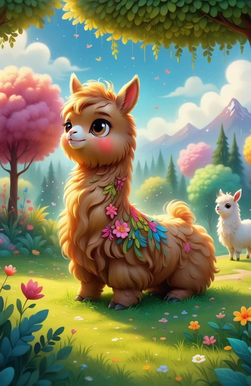 a girl with a playful smile, a cute and fluffy alpaca in a beautiful garden, soft sunlight streaming through the trees, vibrant flowers blooming in full color, lush green grass stretching endlessly, a gentle breeze rustling the leaves, the alpaca's warm and expressive eyes, the girl gently brushing the alpaca's soft fur, capturing the innocence and joy of their companionship, a whimsical touch of surrealism in the background, creating a dreamlike atmosphere, the artwork rendered in a mesmerizing mixture of illustrations and photorealistic painting techniques, showcasing the alpaca's intricate details, every strand of fur and every leaf rendered with utmost precision, vibrant colors that come to life, bringing the scene to a vivid reality, the composition bathed in warm and golden tones, creating a cozy and inviting atmosphere, the lighting casting beautiful shadows and highlights, adding depth and dimension to the artwork. (best quality,4k,8k,highres,masterpiece:1.2),ultra-detailed, (realistic,photorealistic,photo-realistic:1.37), HDR, UHD, studio lighting, ultra-fine painting, sharp focus, physically-based rendering, extreme detail description, professional, vivid colors, bokeh, portraits, landscape, fantasy, dream-like, warmth and coziness, golden tones, whimsical surrealism.