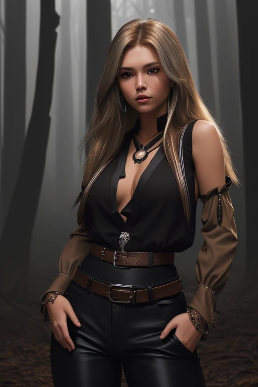 20 year old woman brown blonde hair sexy complexion native American long hair black blouse black vest black pants black belt with silver buckle background of night forest with fog