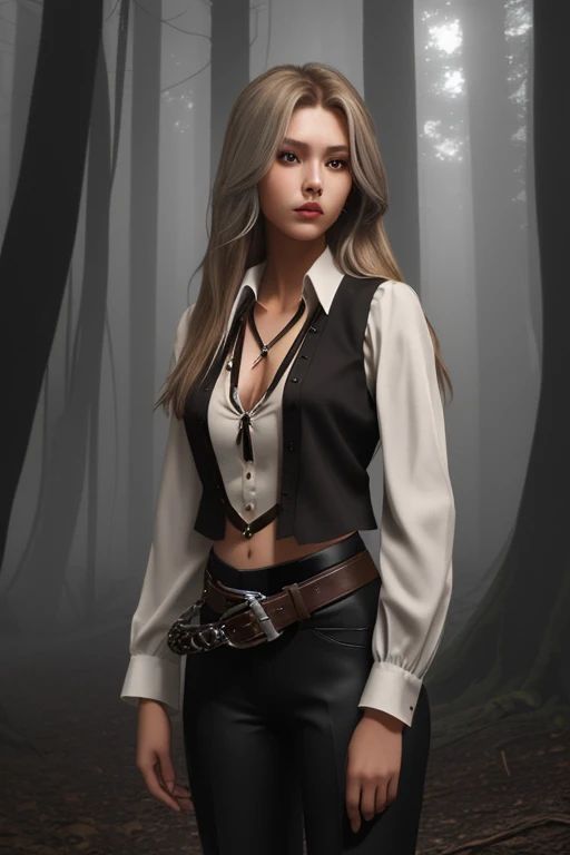 20 year old woman brown blonde hair sexy complexion native American long hair black blouse black vest black pants black belt with silver buckle background of night forest with fog 
