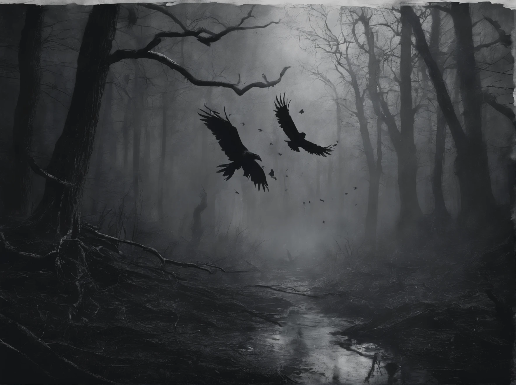 Subject: Ravens gathering around a red human heart in a rainy forest setting, ink wash style
Medium: Digital painting
Style: Black and white, atmospheric
Artist: Suggest artists known for similar styles
Website: Artstation
Resolution: 4k
Additional details: Subtle highlighting of blood, depiction of rain and mist
Color: Black and white
Lighting: Atmospheric, misty