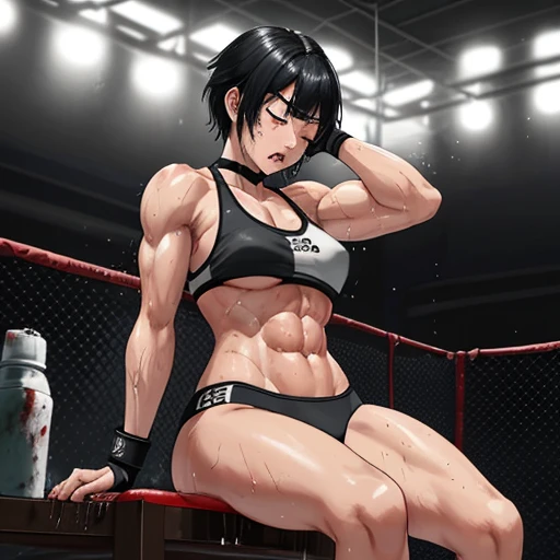 Covered in blood、Beautiful heavyweight female high school mixed martial artist covered in bruises。After losing a match、Sitting in the waiting room、Tears flowing。Eyelids swollen and one eye closed。Disappointed、Looking down。Fighting inside the Octagon。I'm soaked in sweat。Open Finger Gloves。Sports Bra。bikini。Erect nipples。Short black hair。Muscular。Six Pack Abs。Thick arms and thighs。Super big 。