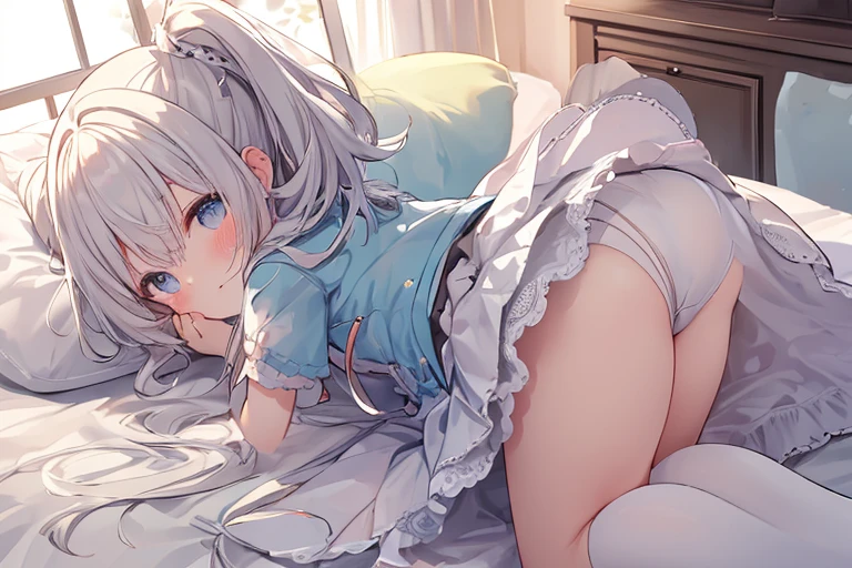 (A cute wearing l(Lovely lace:1.1)拥have美丽精致的眼睛和甜美的微笑,(colorful)Playfully peeking under skirts,(Comfortable and well-lit bedroom)comfortable bed。The room is full(Soft natural light),It creates a warm and inviting atmosphere。Emphasize loli;butt,Add a touch of sexiness to the scene。(bedroom)具have(Girly and elegant)aesthetics,have(muted pastels)and exquisite decoration。(side view)Angle allows us to appreciate Loli'e and innocent expression's face,还have她在床上的可爱姿势, ass。panties,Hips。.butt raised, from behind。astringent