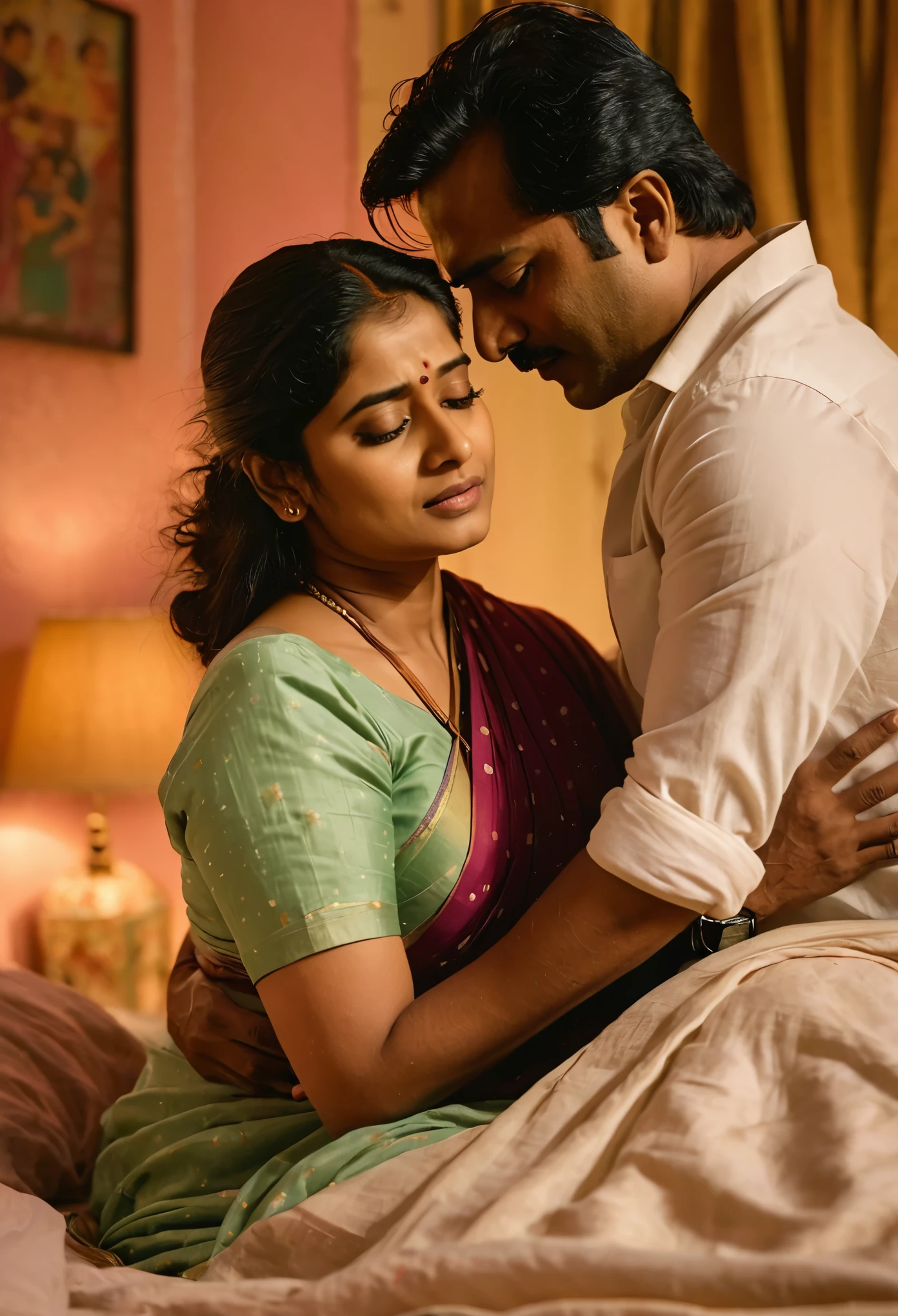 A picture of Rashmi (in Bharat's body) and Rajeev, their faces flushed with passion, locked in an intimate embrace. The background shows a dimly lit bedroom, with sheets rumpled around them, creating a sense of intimacy and desire. The colors are muted, emphasizing the emotional intensity between the two characters.