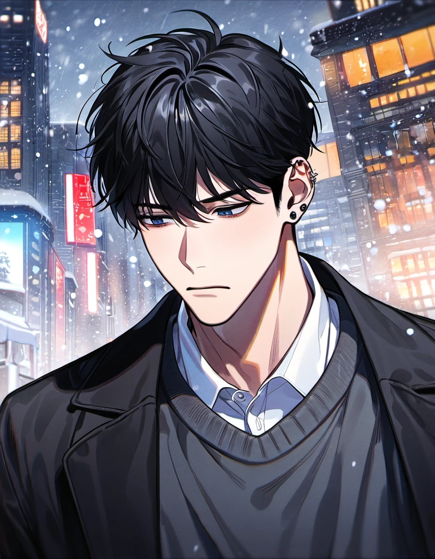 absurdres, highres, ultra detailed, HDR, master piece, best quality, Kang Woojin, black messy hair, expressive dark blue eyes, ear piercings, Love Jinx, 1man, handsome, sad expression, sadness, black coat, sweater, city, buildings, snow, snowflakes, snowing