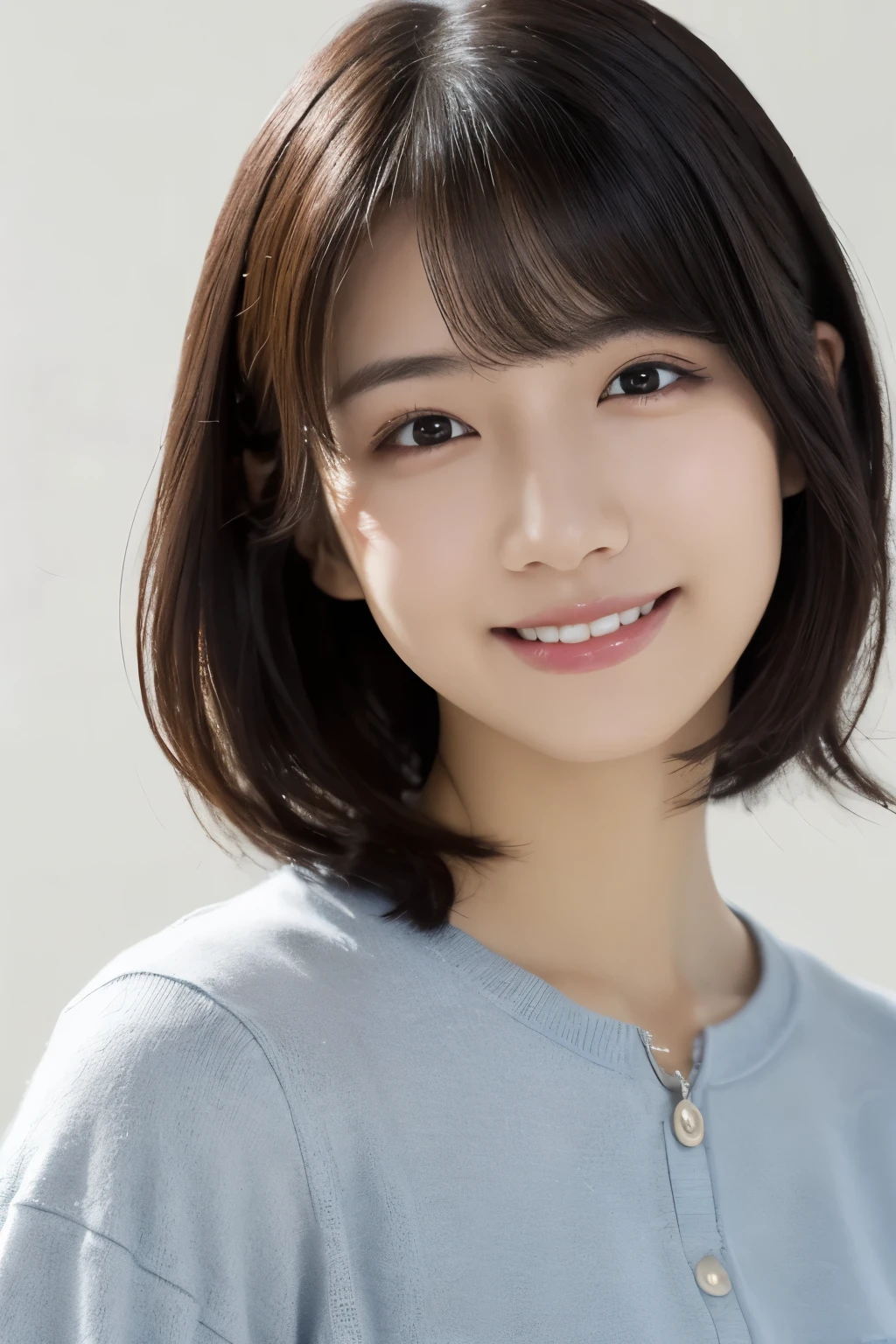 1 girl, (Wearing casual clothes for spring:1.2), Very beautiful Japanese idol portraits, 
(Raw photo, highest quality), (Realistic, Photorealistic:1.4), (masterpiece), 
Very delicate and beautiful, very detailed, 2k wallpaper, wonderful, finely, very detailed CG Unity 8K 壁紙, Very detailed, High resolution, Soft Light, 
Beautiful detailed girl, very detailed目と顔, Beautifully detailed nose, finelyて美しい目, Cinematic lighting, 
(Simple light color background:1.3),
(medium hair), (Parted bangs), 
Complete Anatomy, Slender body, Small breasts, smile